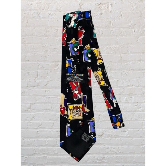 Vtg 1994 Looney Tunes Mania Necktie Black Silk Taz Bugs Bunny Daffy Warner Bros - Picture 3 of 5